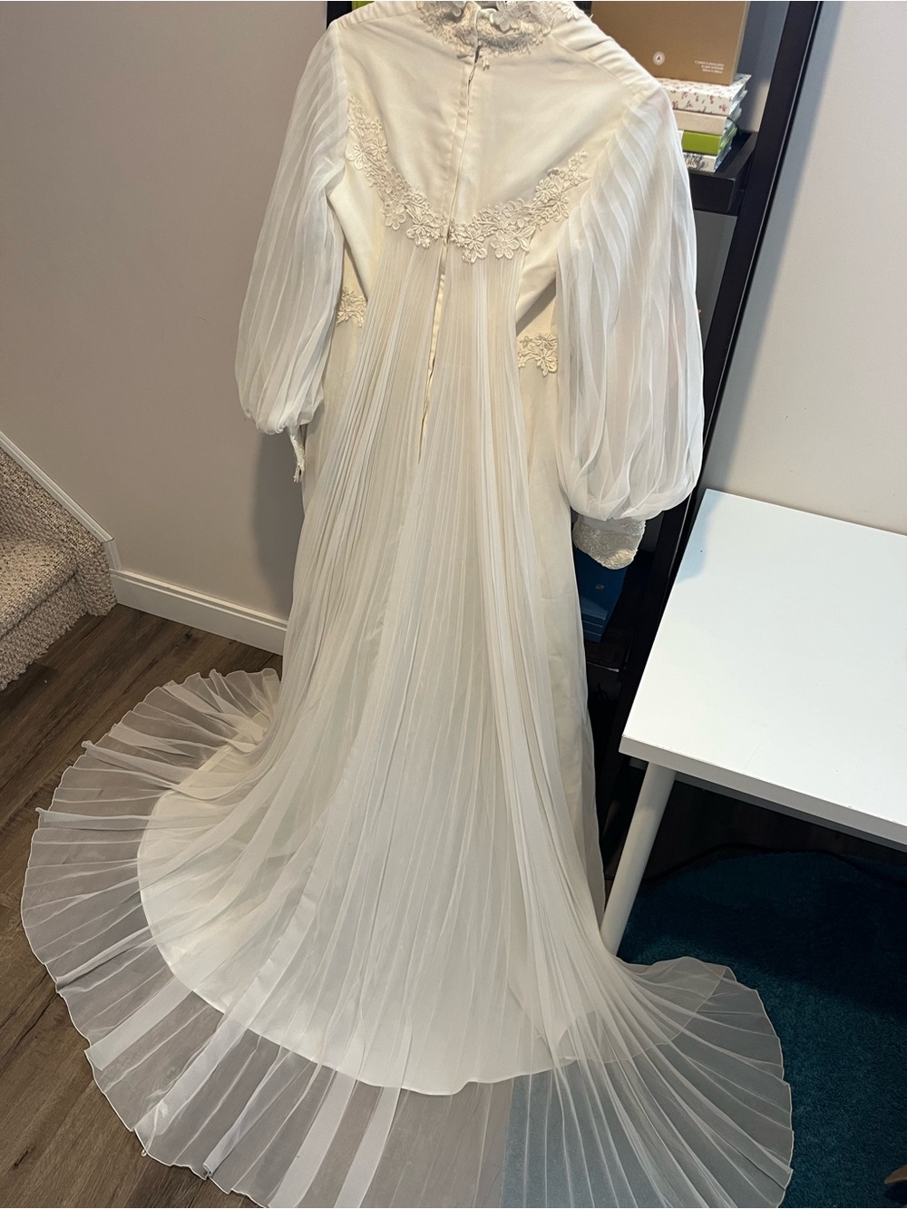 Vintage Ivory Pleated Chiffon Wedding Dress with Lace Accents (Bump Friendly)